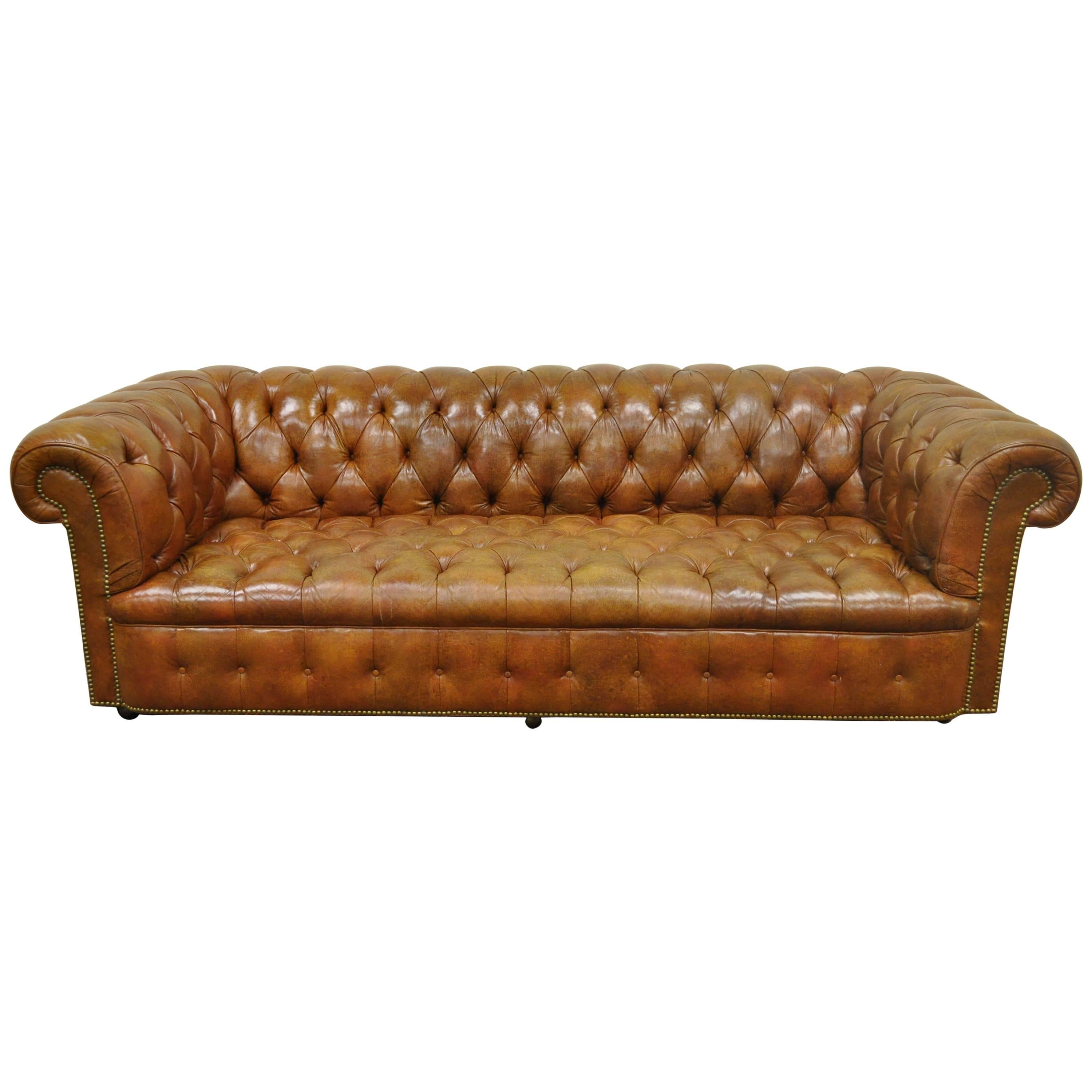 Henredon Rolled Arm English Style Button Tufted Brown Leather Chesterfield Sofa