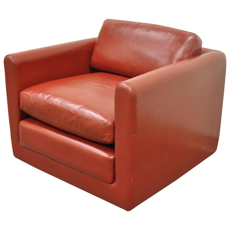 Red Leather Cube Club or Lounge Chair After Harvey Probber on Rolling
