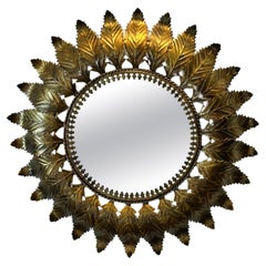 1970’s Spanish Round Wall Mirror Leaf Design with Fleur de Lis in Gold Finish
