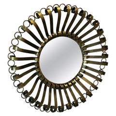 1970’s Gold Finish Spanish Large Round Wall Mirror Scrolling Arm Frame Design