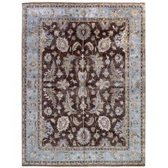 9'x12' Brauner und blauer Teppich im geblümten Design