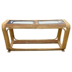 Mid-Century Tubular Rattan Glass Insert Console Table