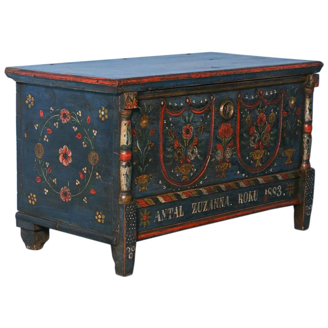 Antique Original Blue Painted Trunk from Romania, Dated 1883