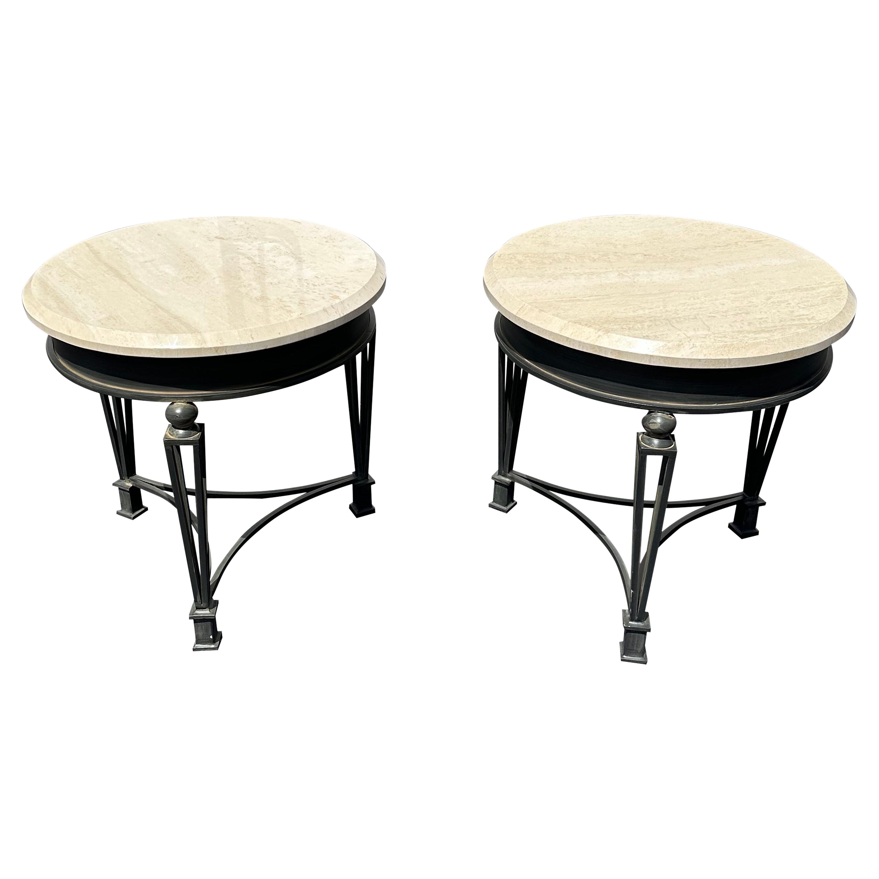 1990s Travertine and Sculptural Iron Tables, Set of 2
