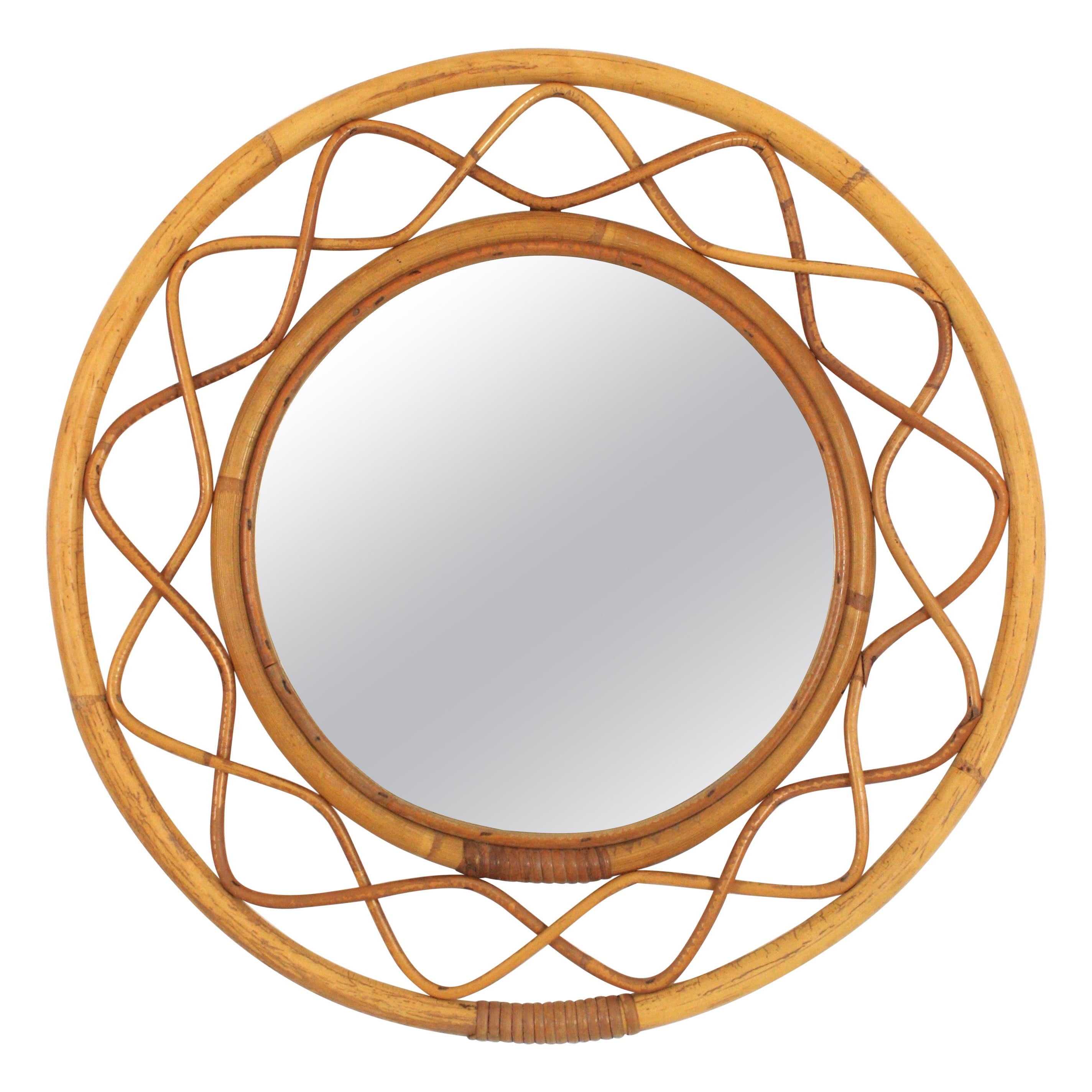 Italian Rattan Bamboo Round Mirror, Franco Albini Syle, 1960s