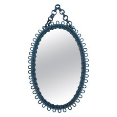 Italian Riviera Franco Albini Rattan Oval Wall Mirror, Blue Patina, Loop Design