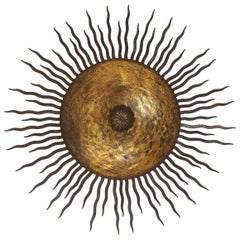 Large Sunburst Chandelier Light Fixture with Curly Rays in Gilt Iron