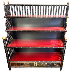 Dramatic Black Gold & Red Chinoiserie Style Maitland Smith Bookcase