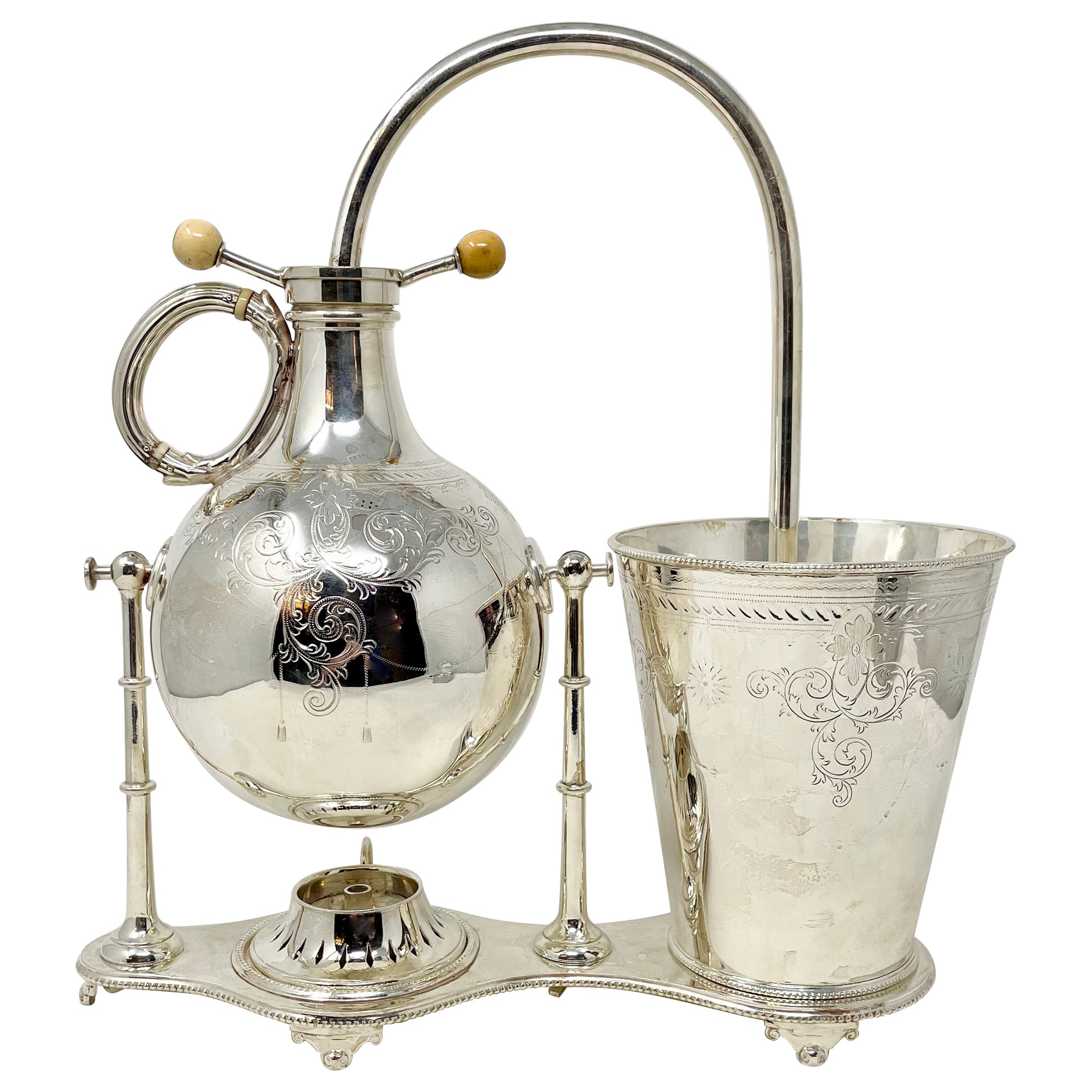 Ancien fabricant de café siphon anglais en métal argenté, vers 1870. en vente
