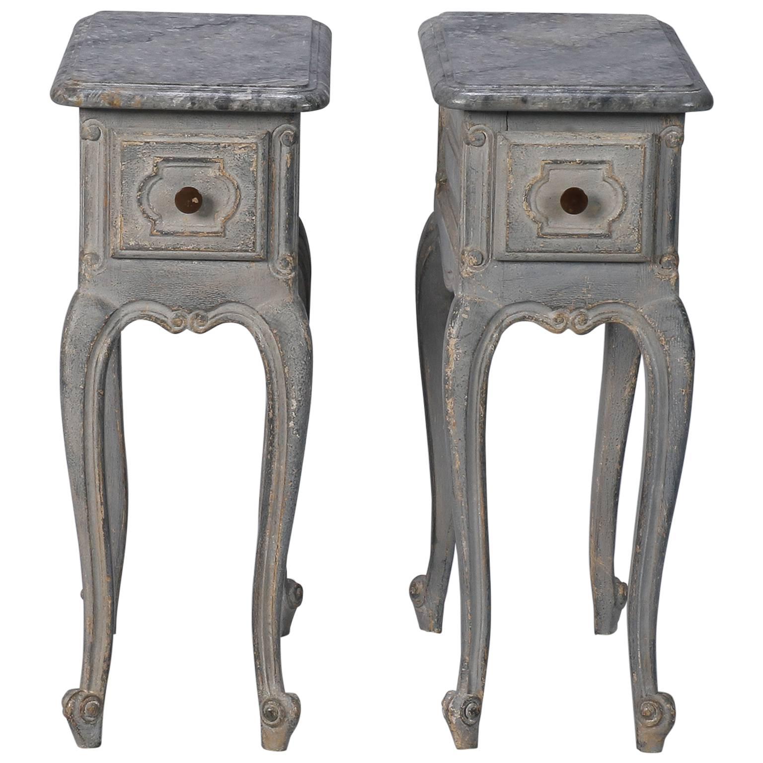 Pair Small French One Drawer Blue Side Tables