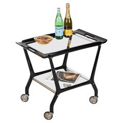 Italian Black Wood and Brass Serving Bar Cart, Parisi for De Baggis, 1950s