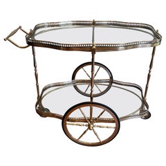 Neoclassical Style Oval Brass Bar Cart with Two Glass Shelves
