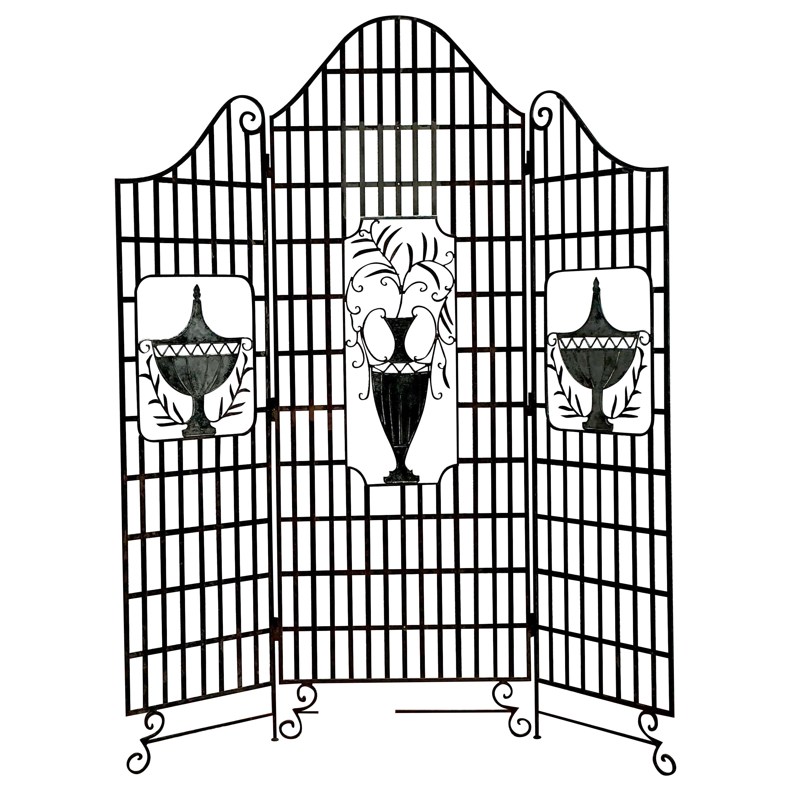Vintage French Regency Wrought Iron Urn Folding Screen