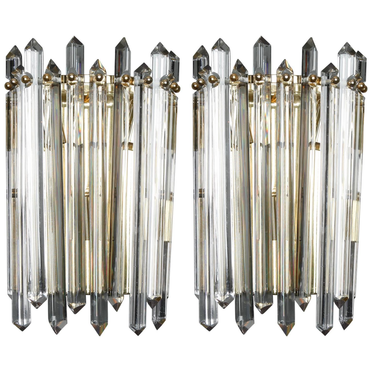 Pair Midcentury Sconces with Brass and Crystal Spears For Sale