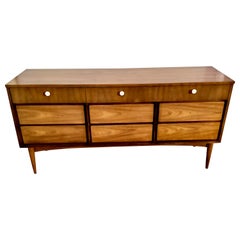 1950s Mid Century Modern Dixie Walnut Lowboy 9 Drawer Dresser