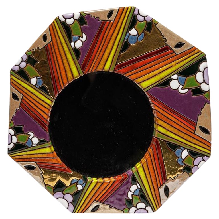 20. Jahrhundert Design farbige Wand Keramik Spiegel signiert Longwy 1970