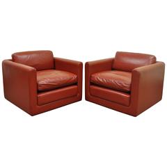 Pair of Red Leather Cube Club or Lounge Chairs after Harvey Probber on Casters 9