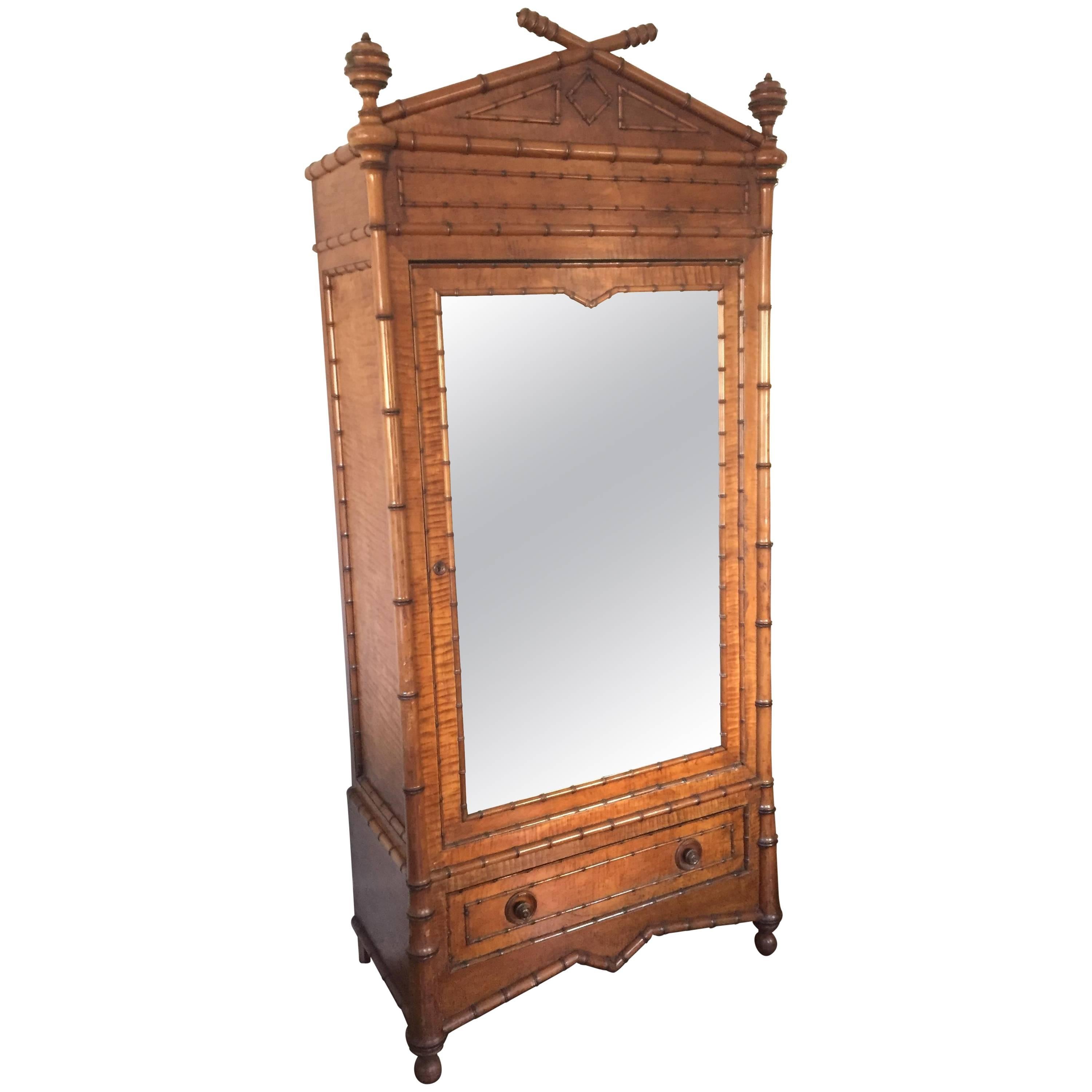 19th Century Faux Bamboo Mirrored Armoire