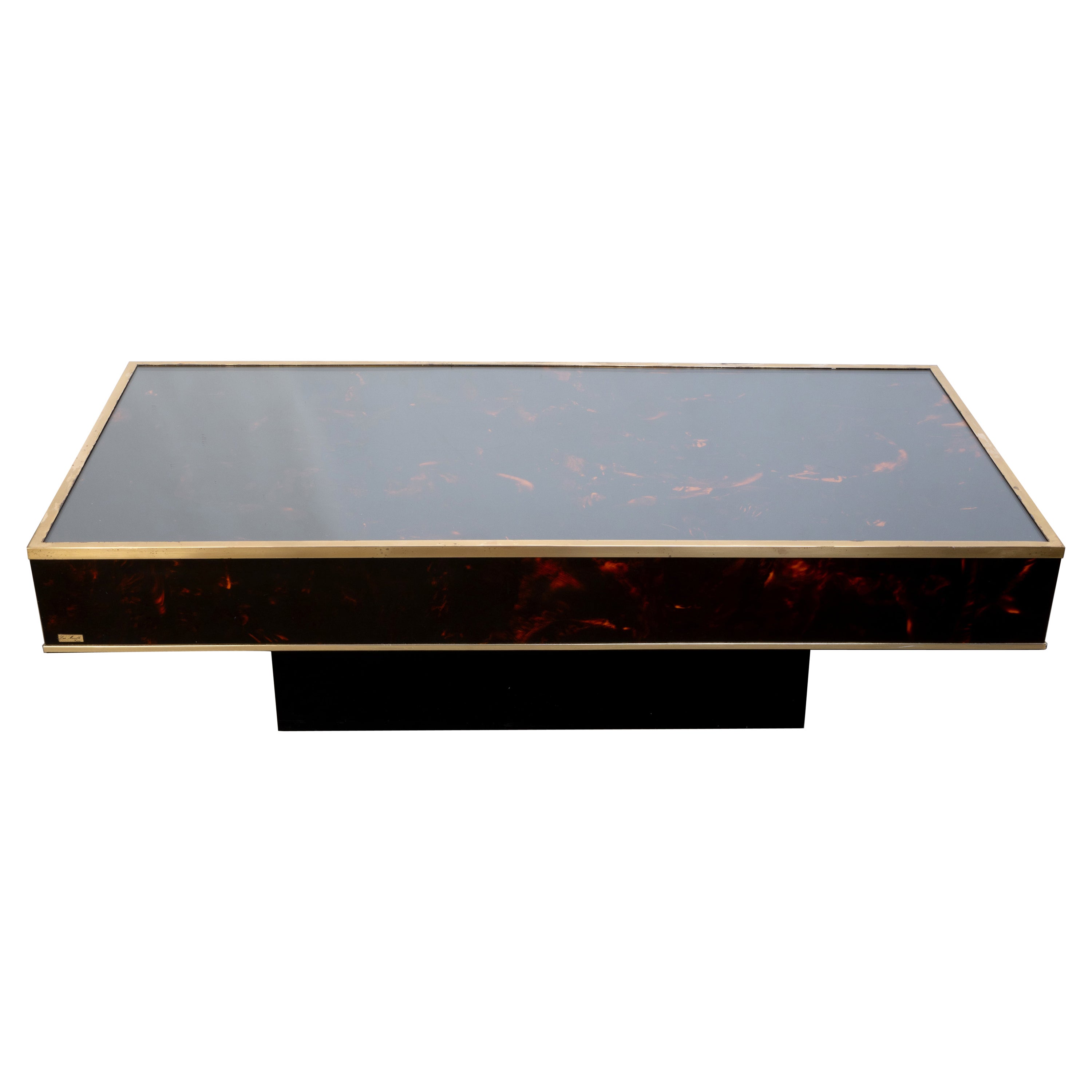 French Faux Tortoise Shell Lacquer & Brass Coffee Table J.C. Mahey C.1970 For Sale