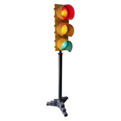 Authentic Vintage Traffic Signal Light on Iron Stand