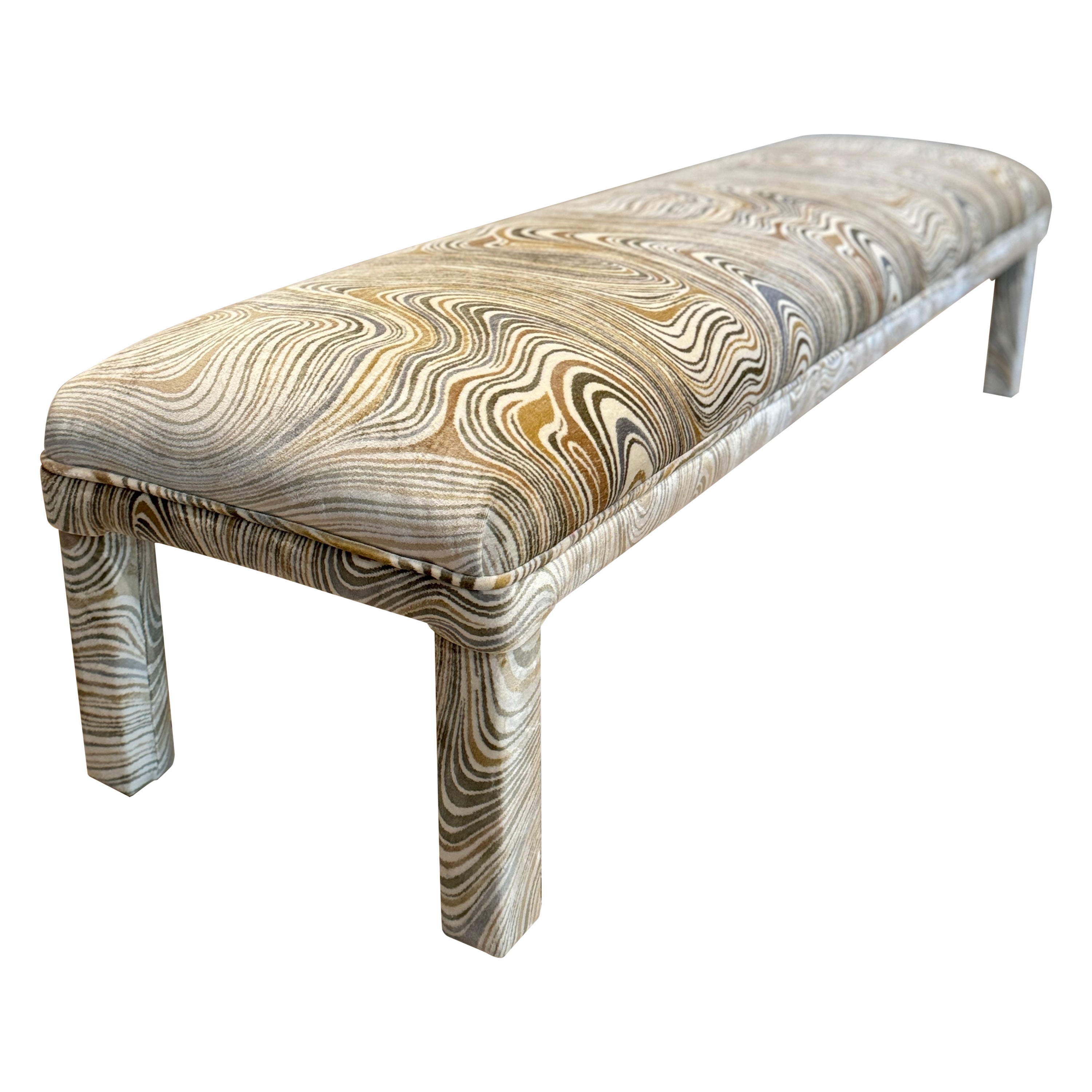 A post modern parsons style bench, circa 1970s. Recently reupholstered in velvet For Sale