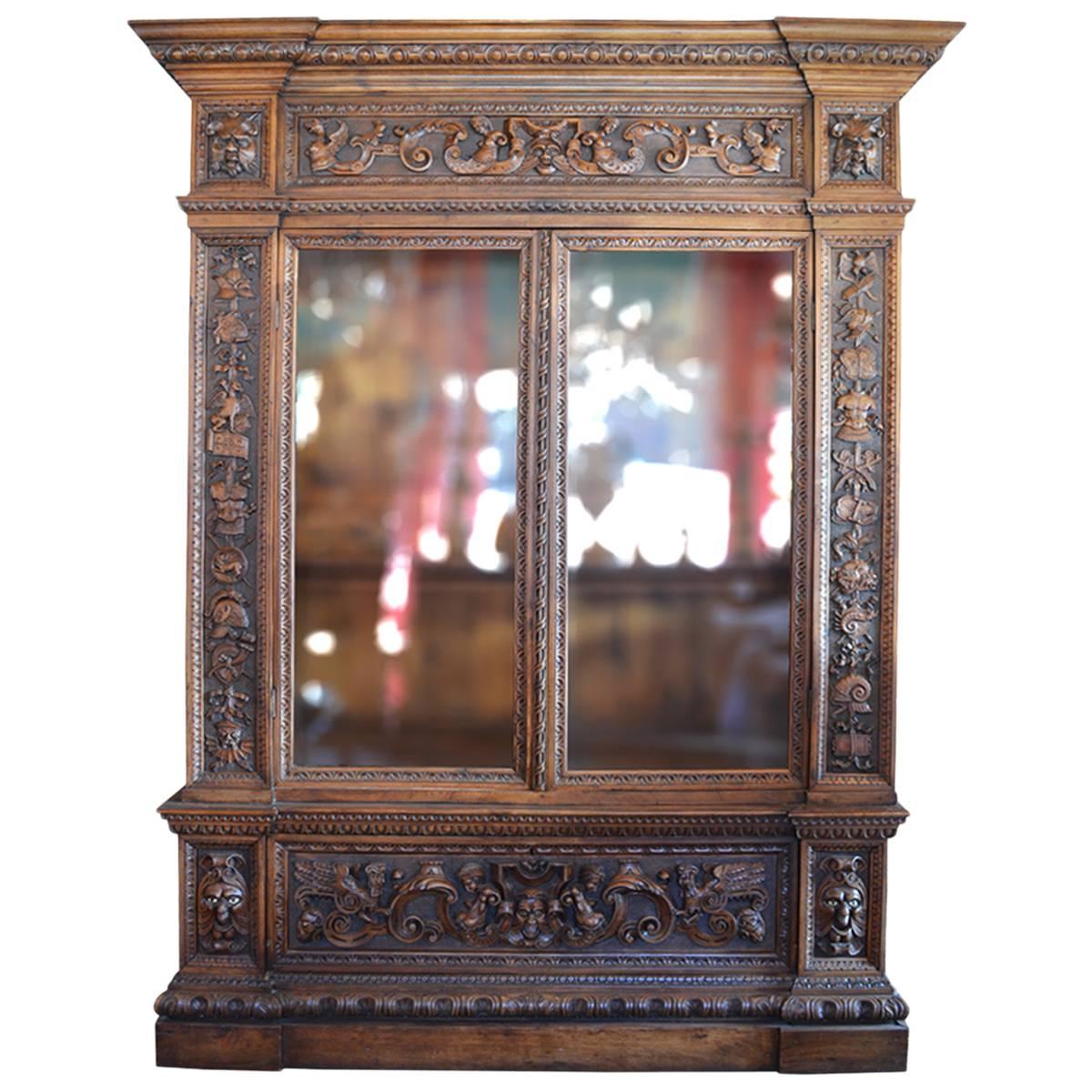 Large Italian Antique Walnut Bookcase with Original Glass