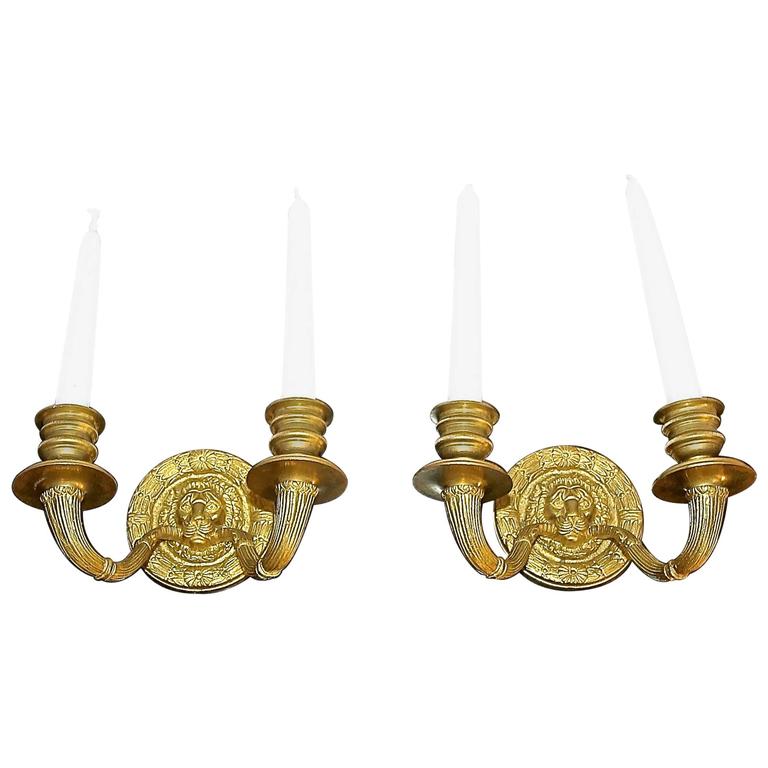 Pair of French Empire Style Lion Head Candle Holder Wall Sconces at