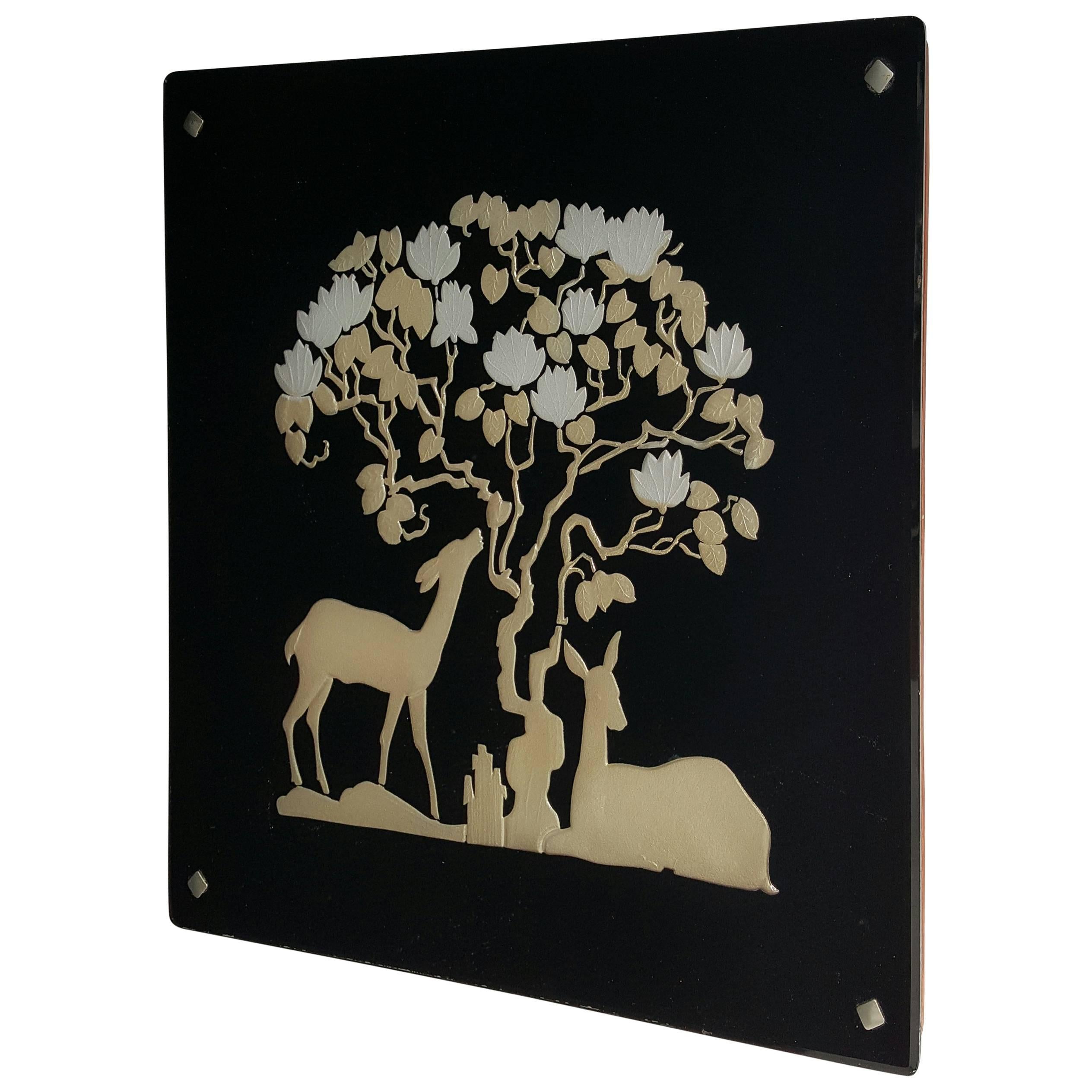 Art Deco Vitrolite 'Black Glass' Reverse Decorated Mirror, Deer Motif