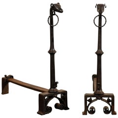 Pair of Giacometti Style 19th Century Cast Iron Rams Head Iron Andirons