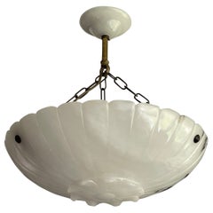 Antique Hand Carved White & Black Alabaster Pendant Chandelier w. Mint Canopy