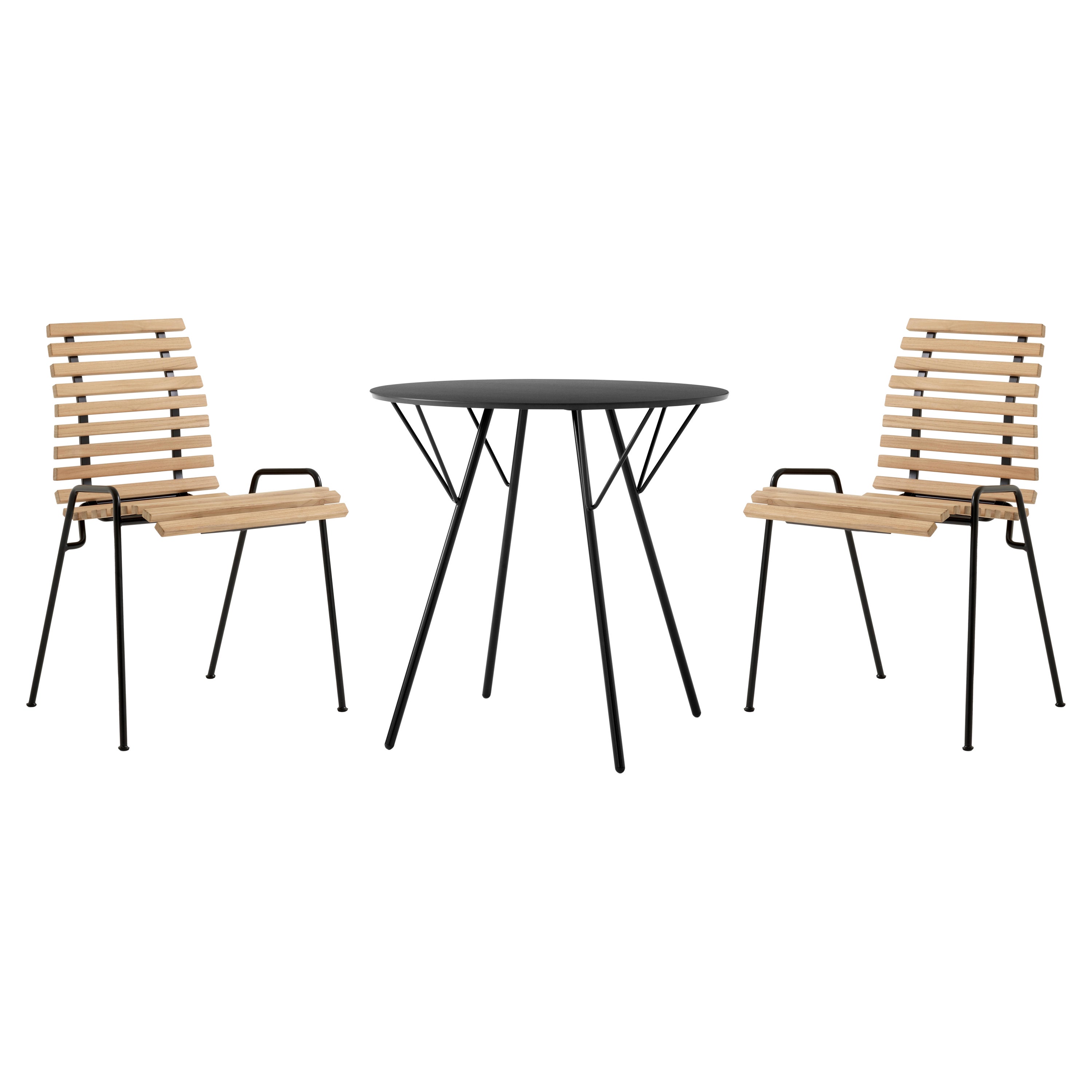 Set aus RFH Terrace-TischRD5 & 2 StühlenRD4- aus Teakholz und schwarzem Stahl – Robin Day für &T