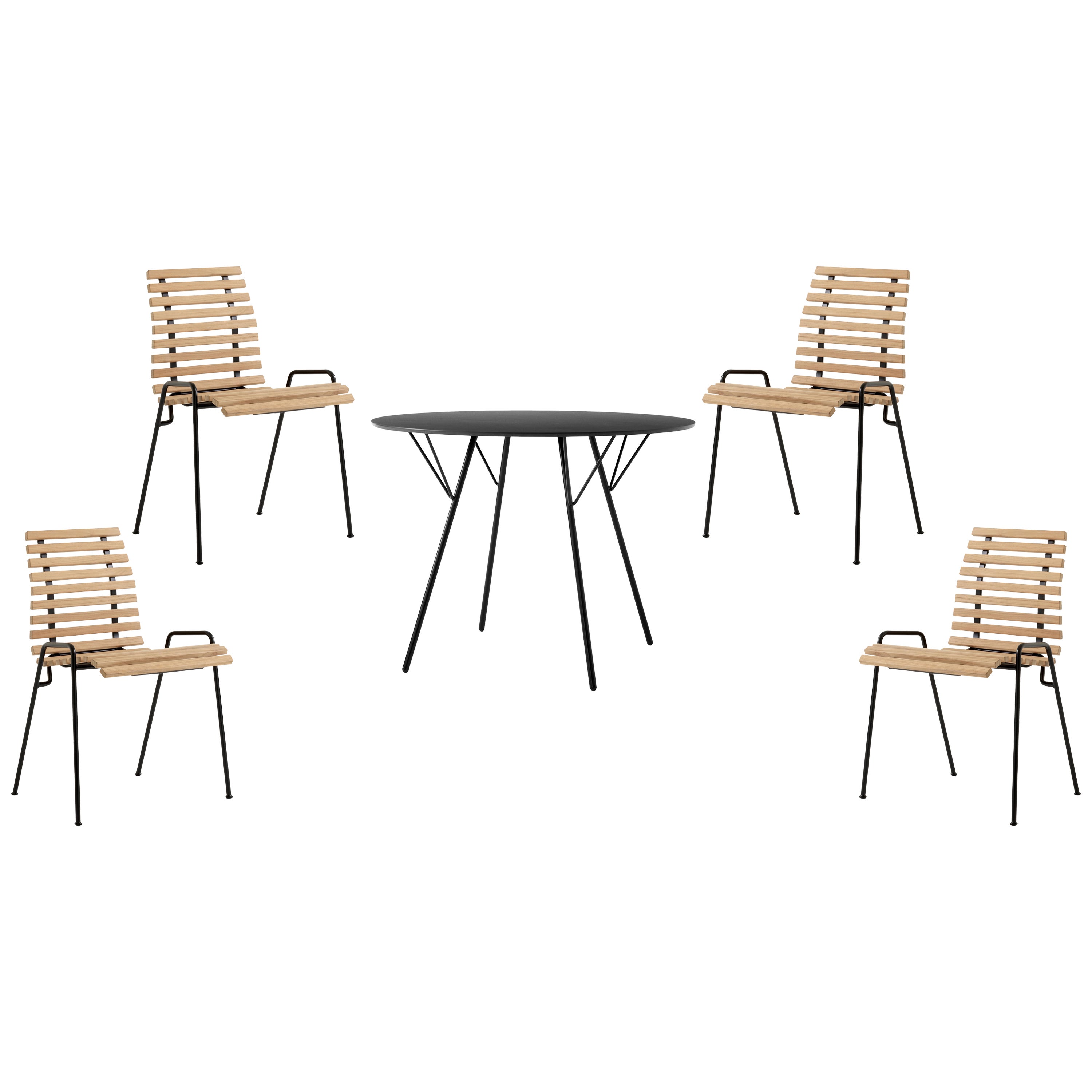 Set aus RFH Terrace-TischRD6 und 4 StühlenRD4- aus Teakholz und schwarzem Stahl – Robin Day für &T