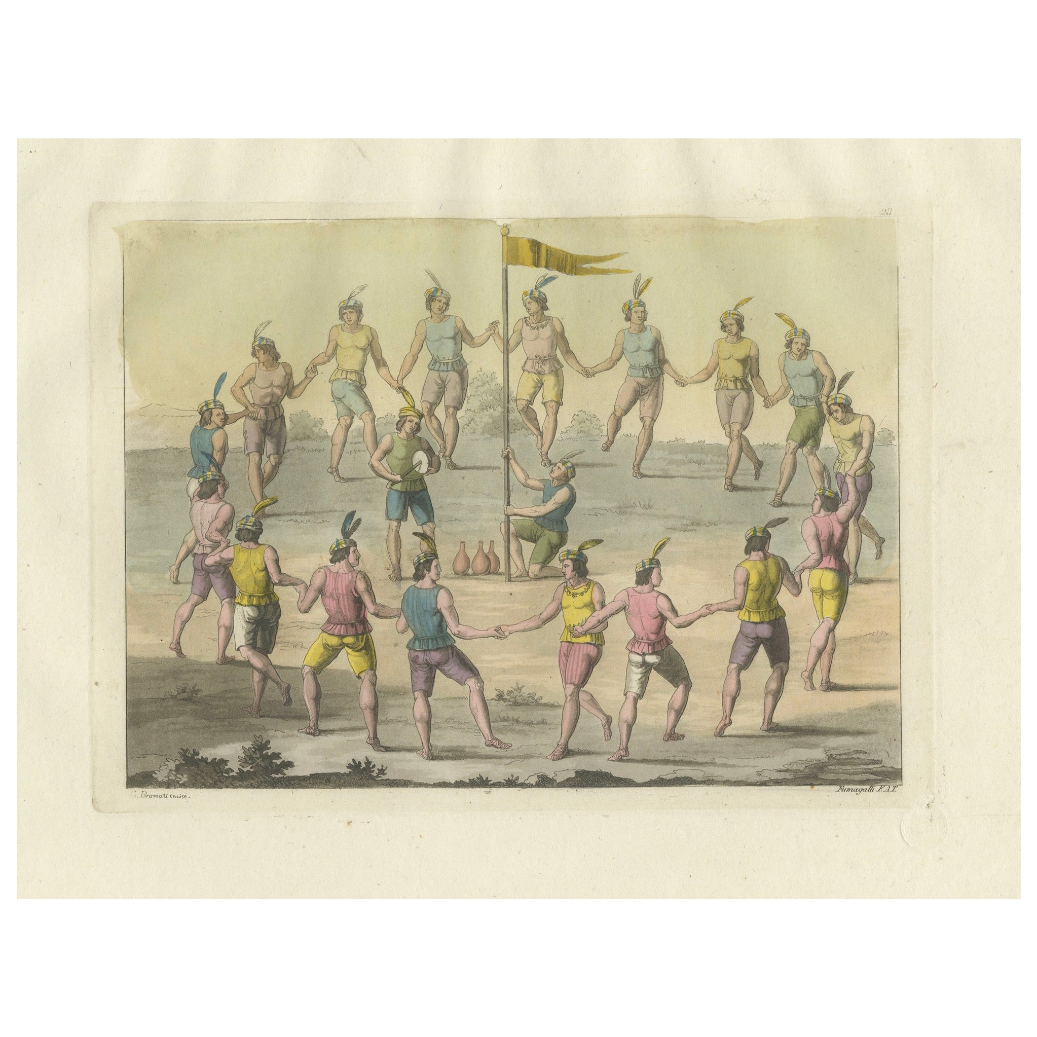 Engraving of Traditional Chilean Circle Dance: A Festive Gathering in 1827 Chile For Sale