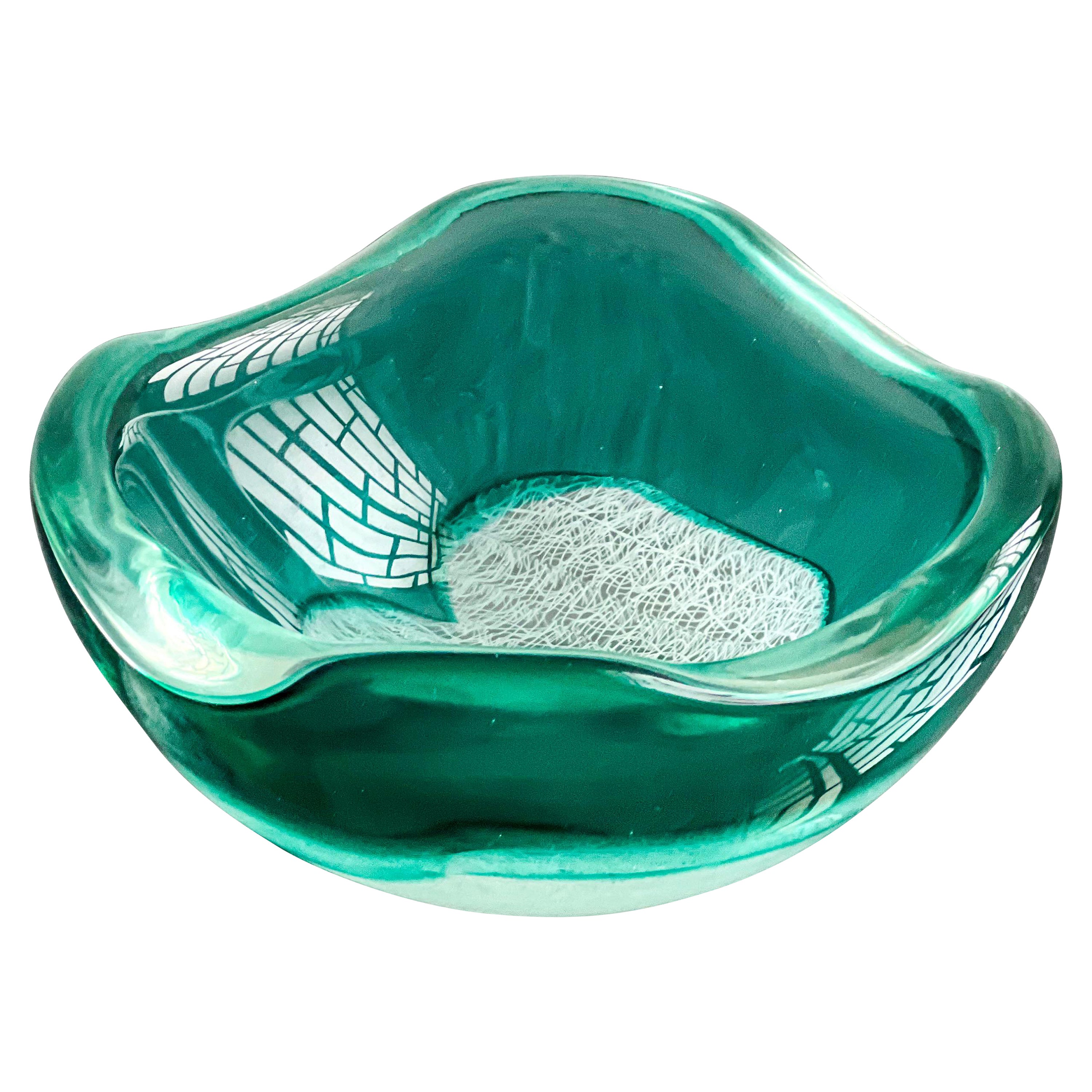 Cuenco de Murano Archimede Seguso "Merletto", verde aguamarina y filigrana blanca