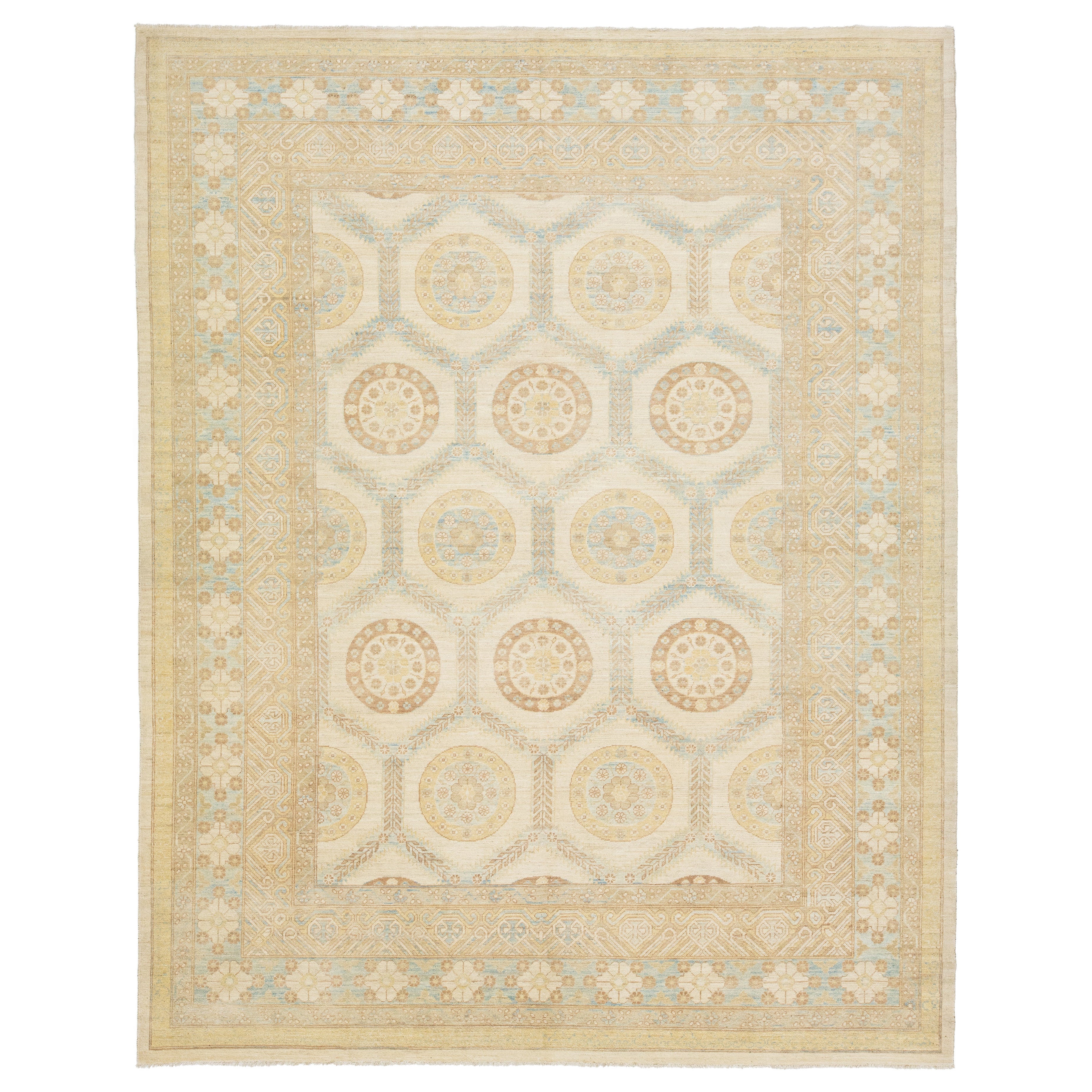 Modern Khotan Beige Wool Rug with Allover Geometric Design