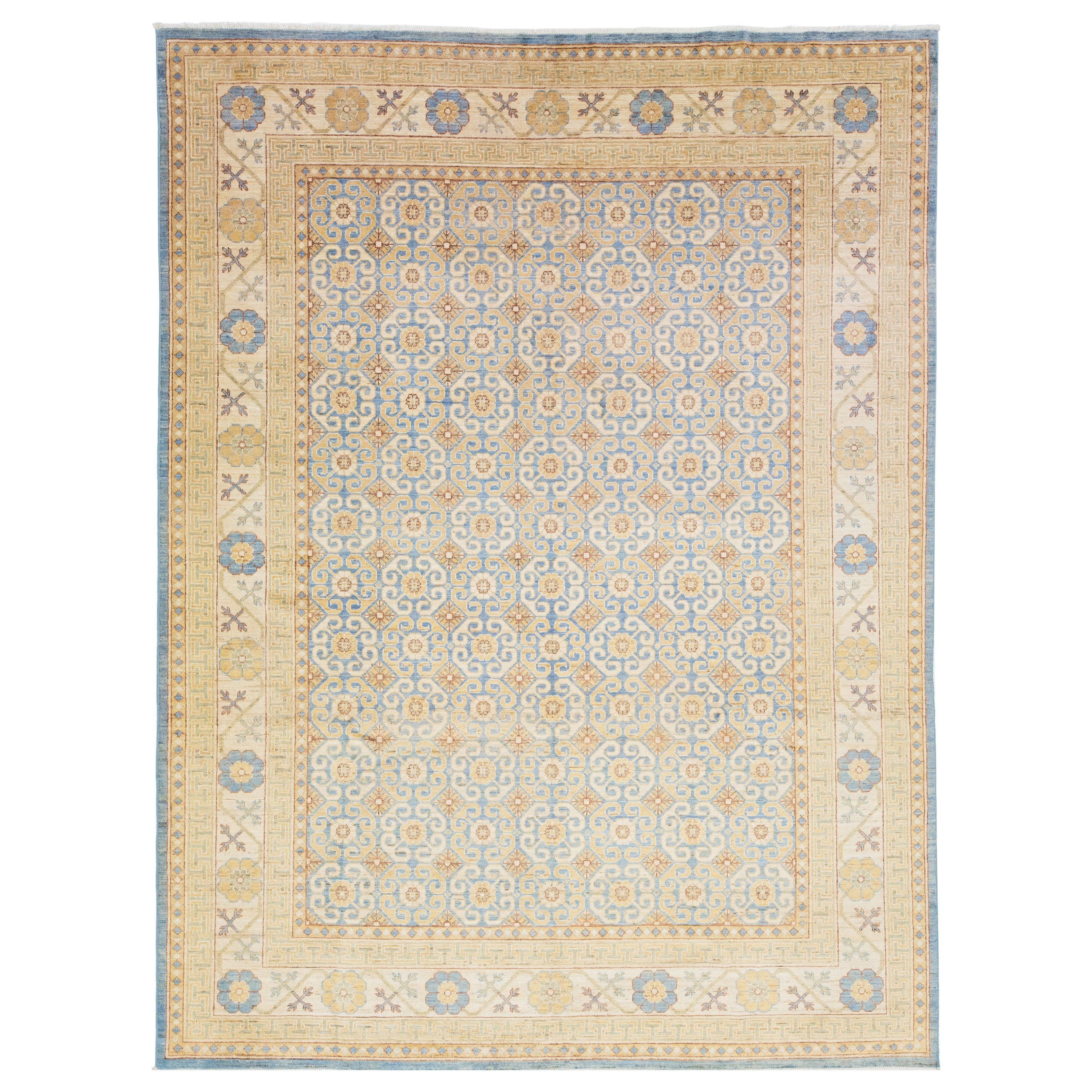 Handmade Modern Khotan Wool Rug with Allover Design In Beige and Blue