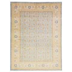 Handmade Modern Khotan Wool Rug with Allover Design In Beige and Blue