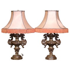Vintage Pair of Mid-Century Italian Carved Silvered Urn-Shaped Table Lamps with Shades
