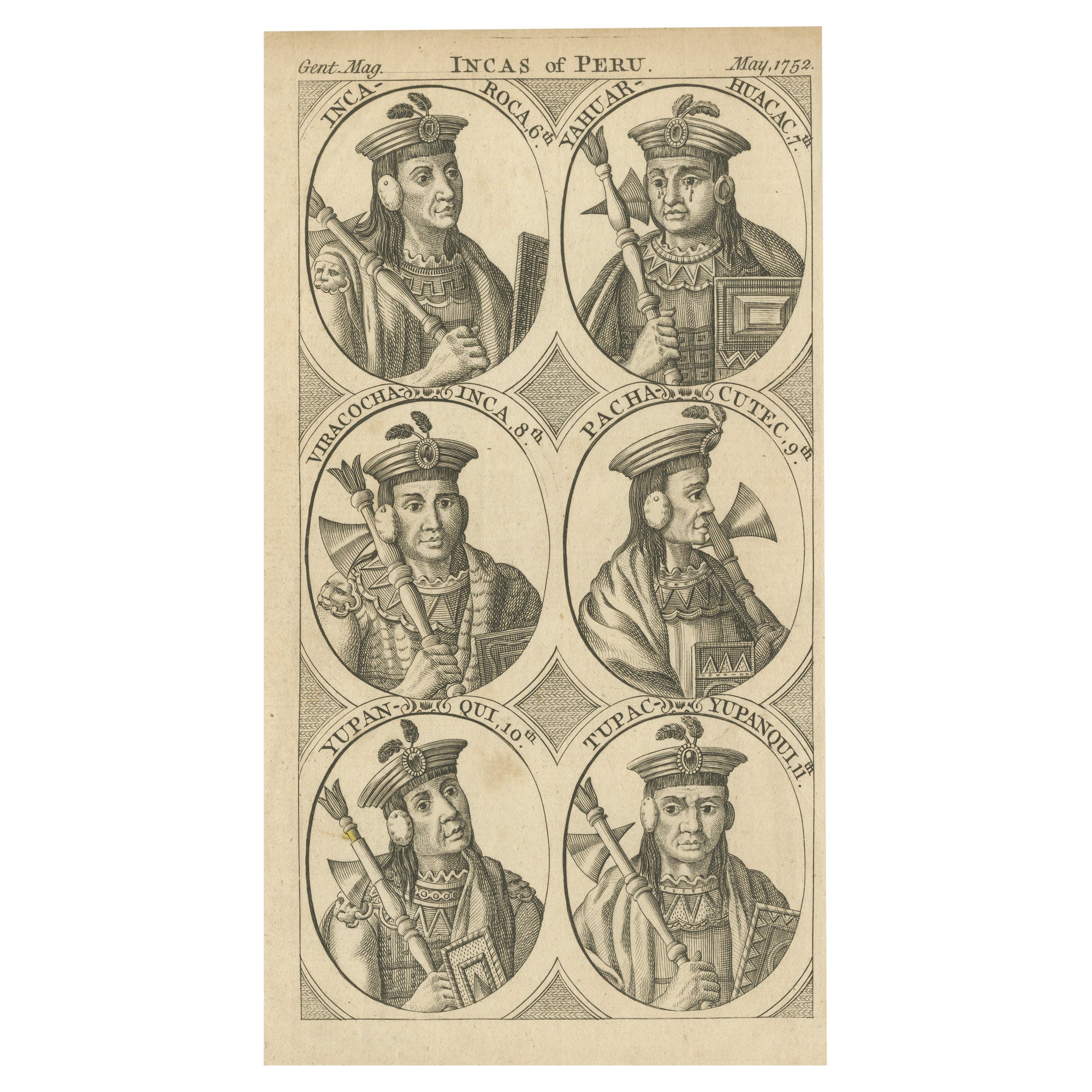 Retratos Históricos de Seis Gobernantes Incas, Perú, 1752: Una Colección de Copperplate en venta