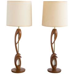Pair of Walnut and Brass Table Lamps