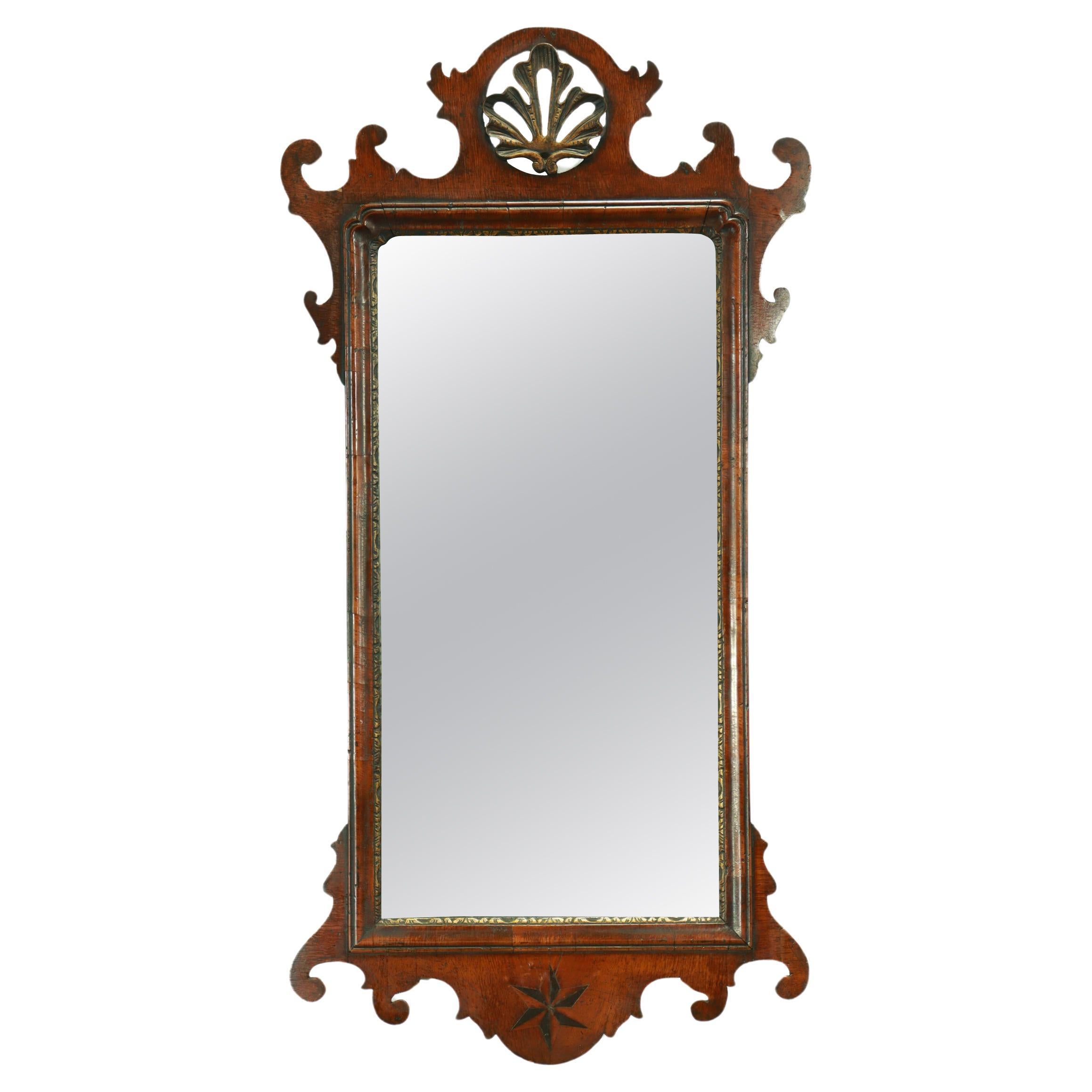 Antique Mahogany Queen Anne Style Mirror or Looking Glass with a Pierced Crest