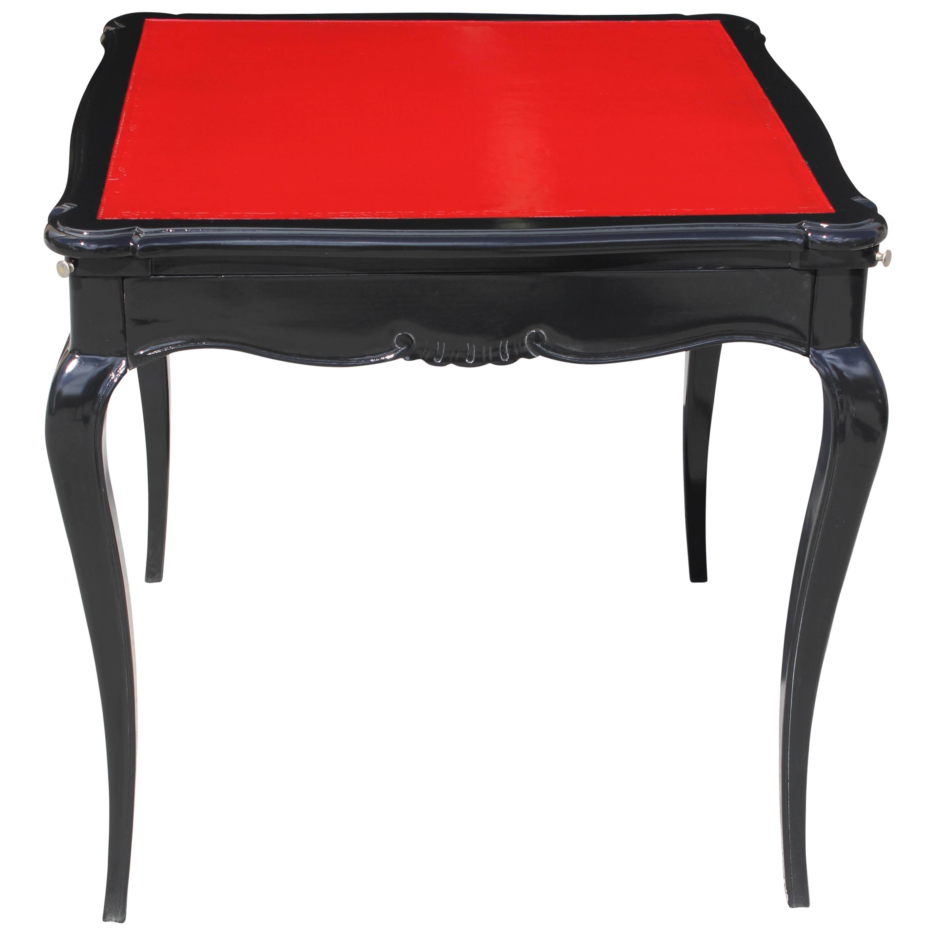 Stunning French Art Deco Black Lacquered,  Red Gaming Table Style Jules Leleu For Sale