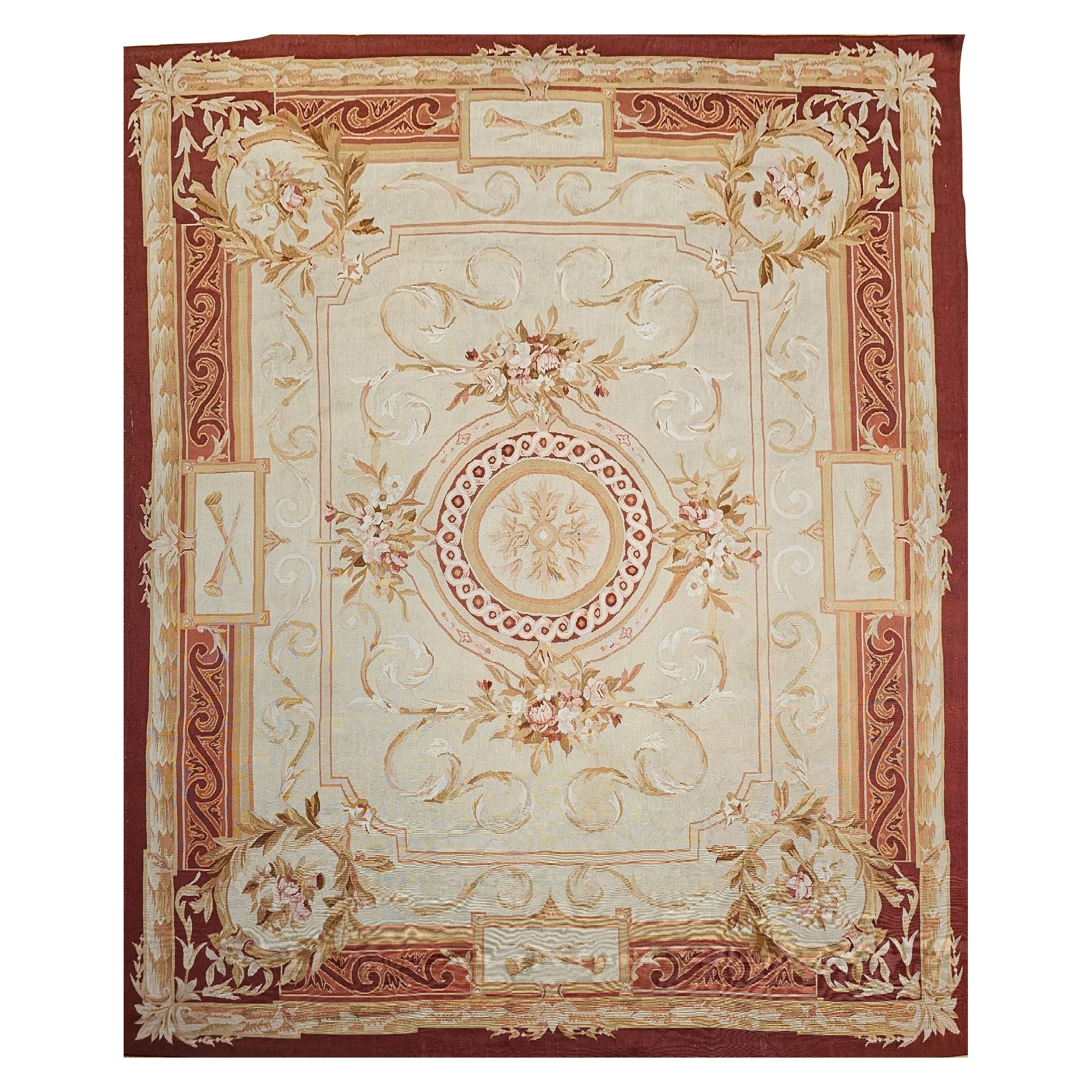 19th Century French Aubusson Tapestry Rug in Pale Green, Ivory, Pink, Brown, Tan For Sale