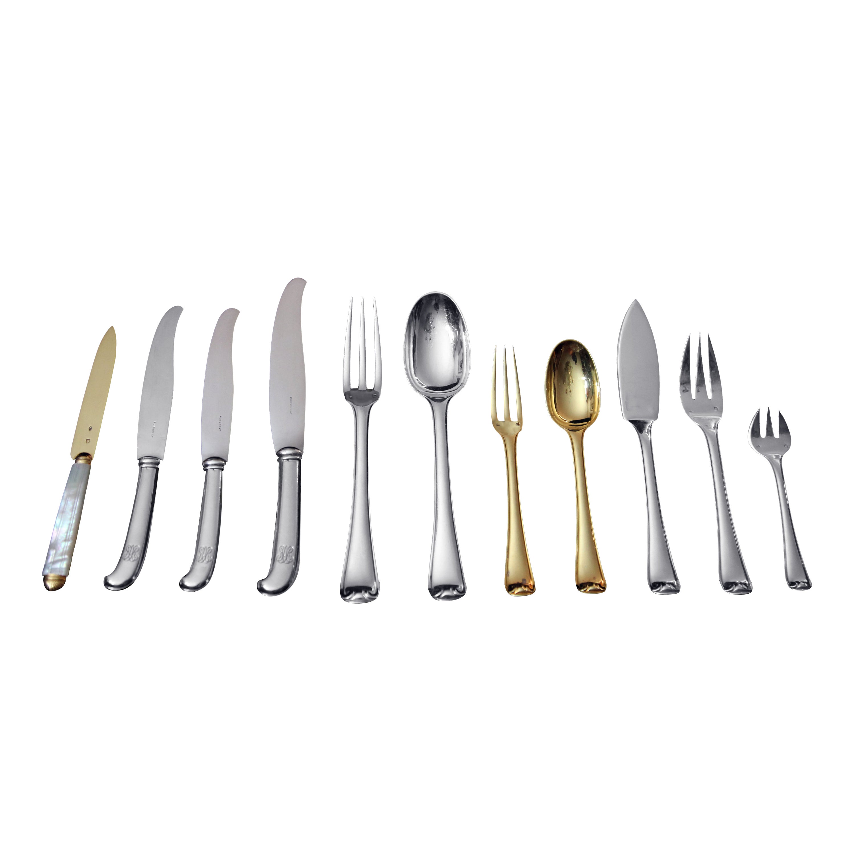 Puiforcat (Hermes), 140pc Antique Sterling Silver & Vermeil Flatware Set-Mazarin