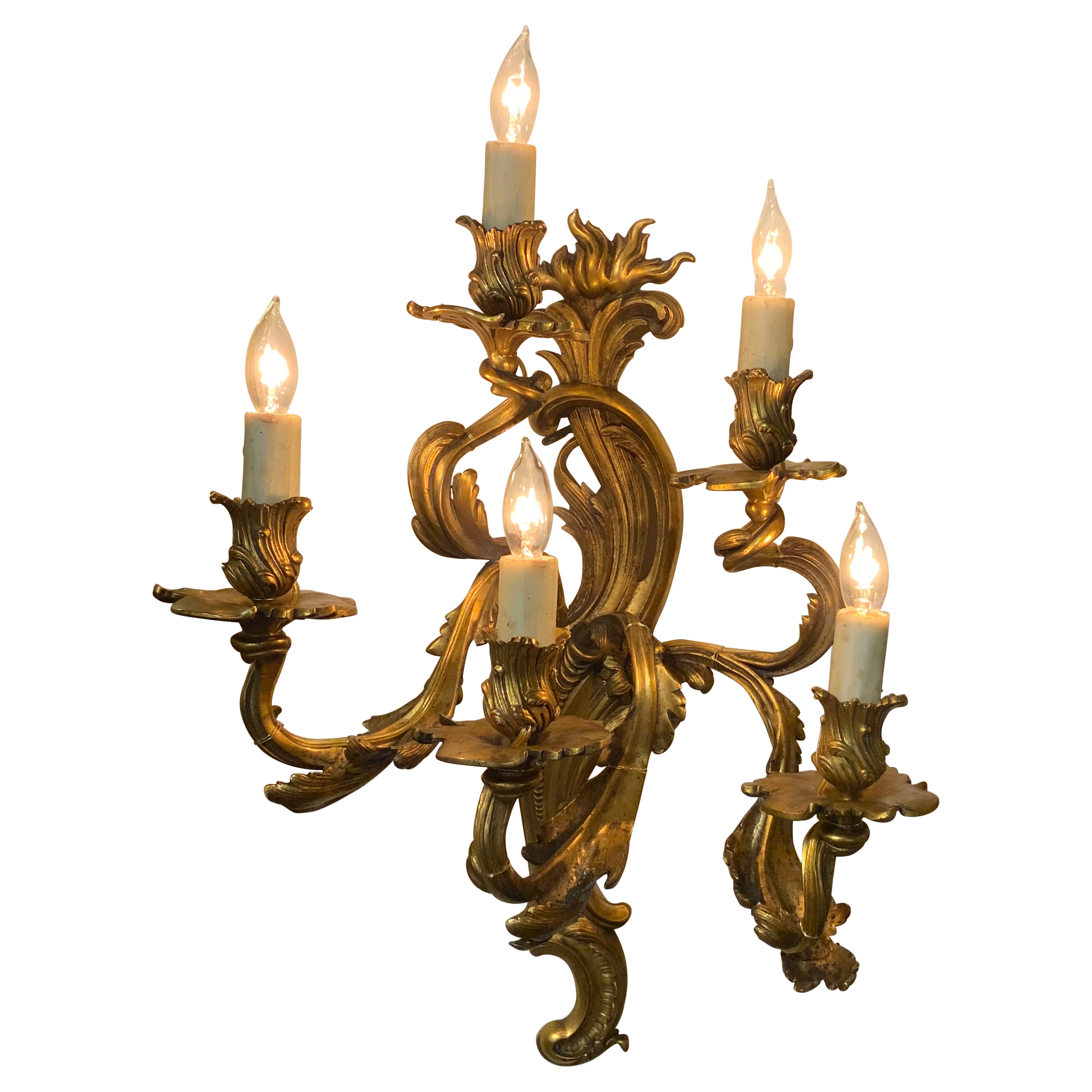 Pair of French bronze dore five light wall sconces, new wiring