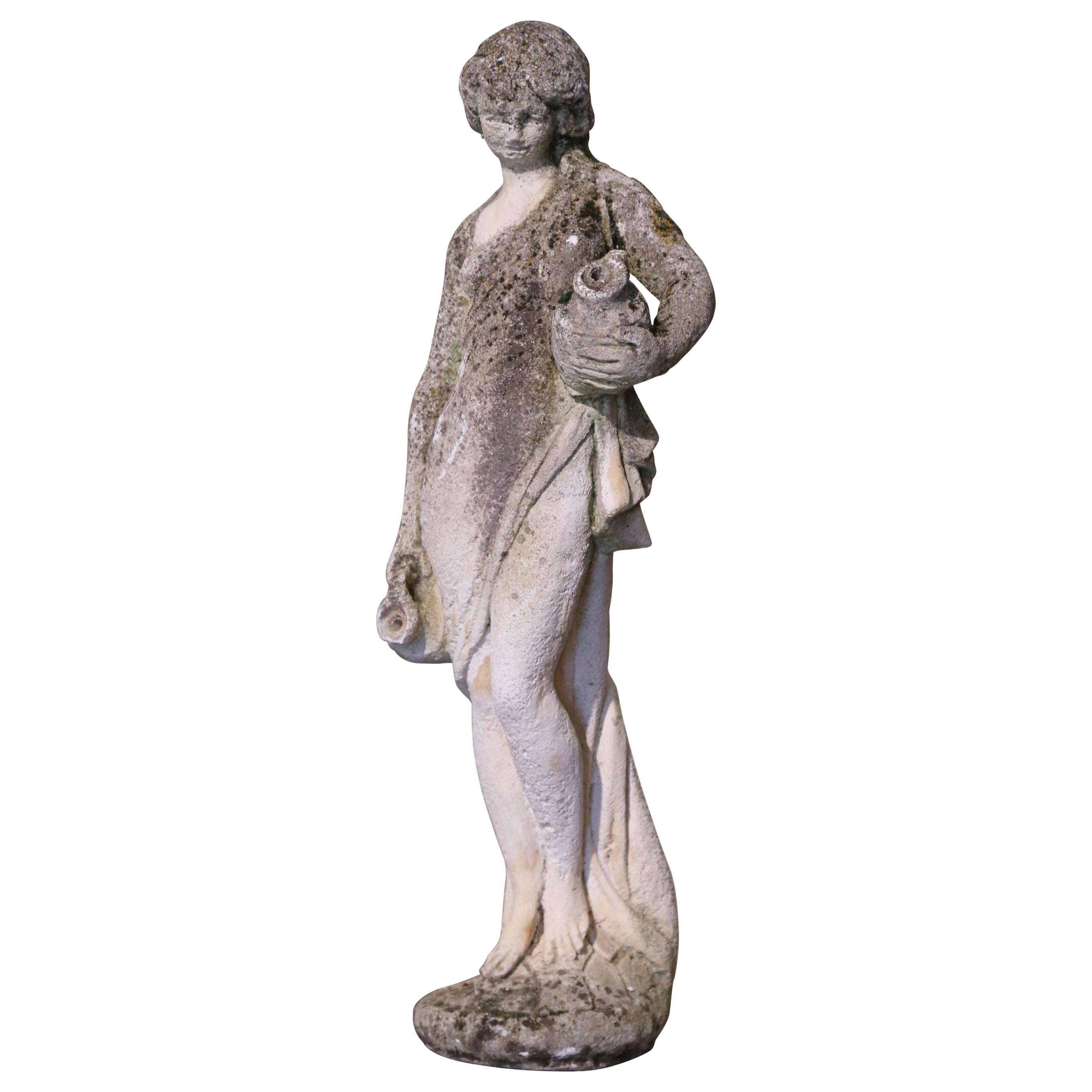 Estatua francesa de jardín de piedra de principios del siglo XX con figura de mujer