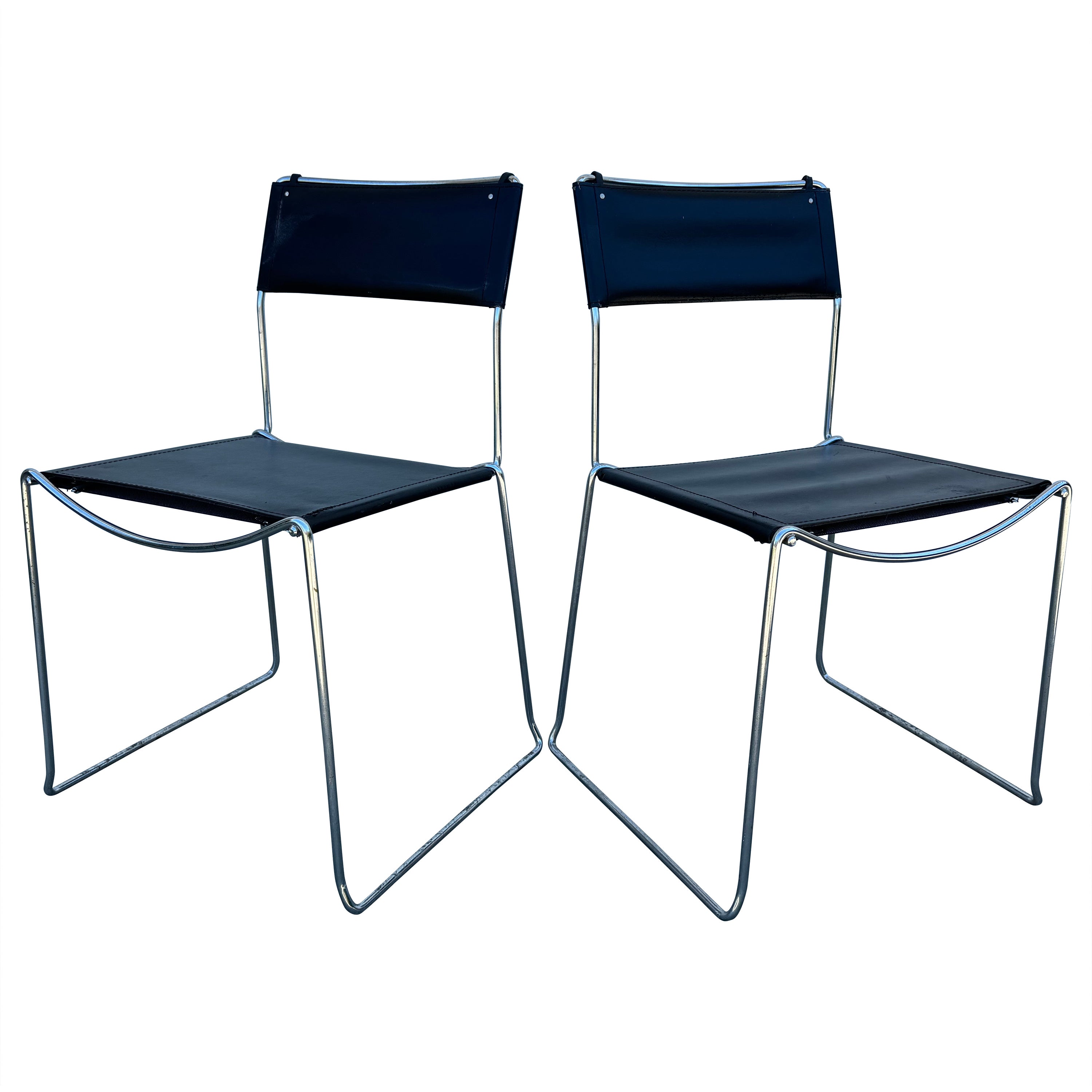 1980's Giandomenico Belotti Black Leather Dining Chairs, A Pair - Made in Italy For Sale