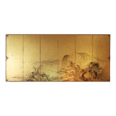 Byobu Japonés - Biombo Japonés Paisaje Seis Paneles Pan de Oro