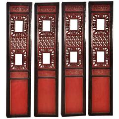 Set of Antique Four Red and Black Carved Door Panels