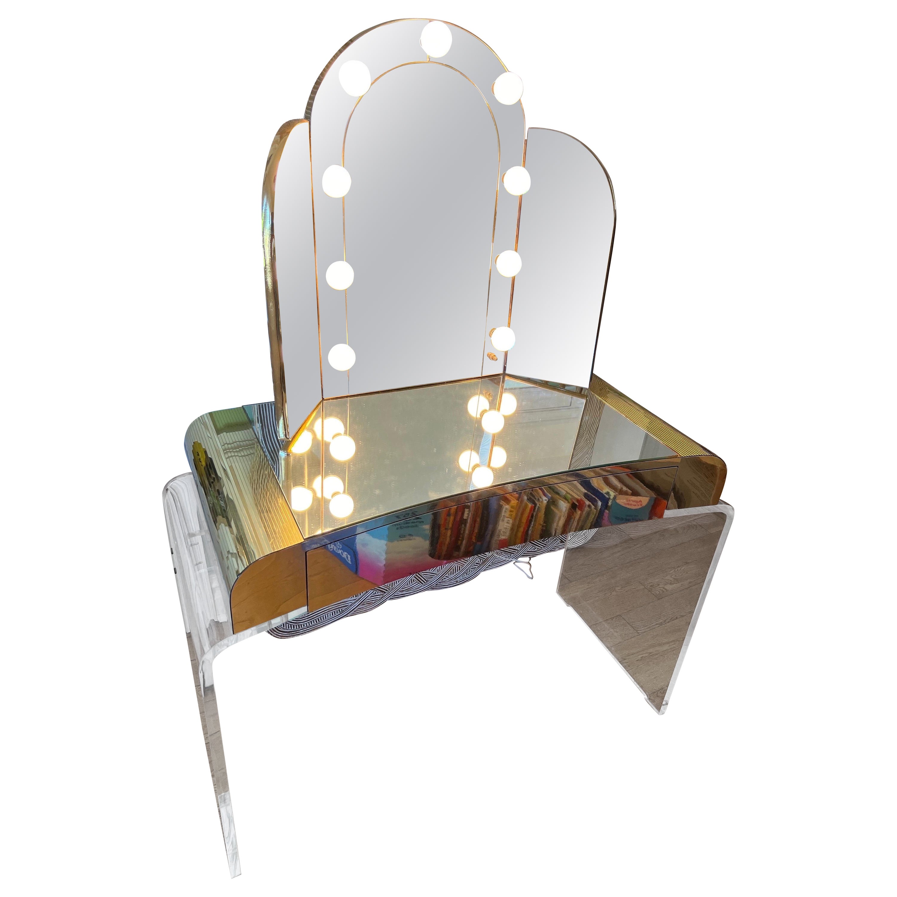 1970s Lucite Brass Arched Vanity Mirror & Stool Made by Hill Manufacturing - Set